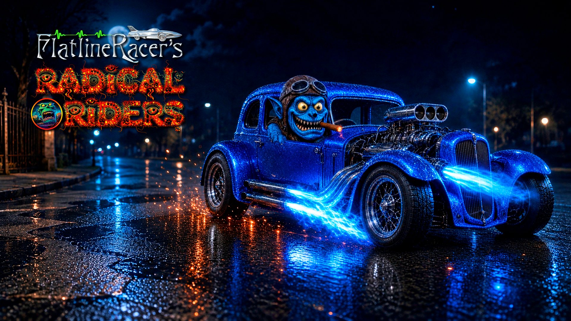 Blue glitter hot rod — studio logo
